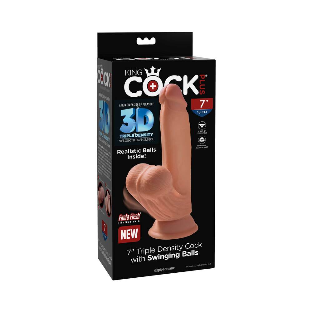 King Cock Plus 7 in. Triple Density Cock With Swinging Balls Dildo Tan