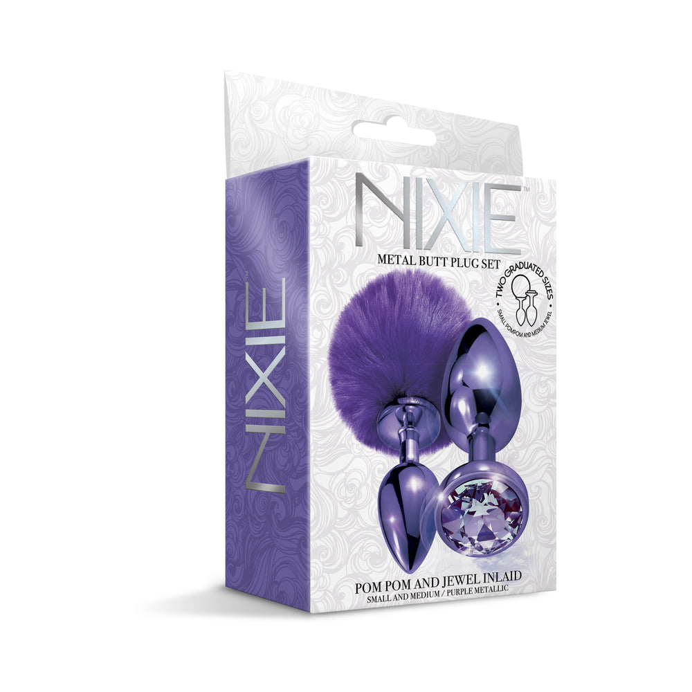 NIXIE Metal Butt Plug Set Pom Pom and Jewel-Inlaid Metallic Purple