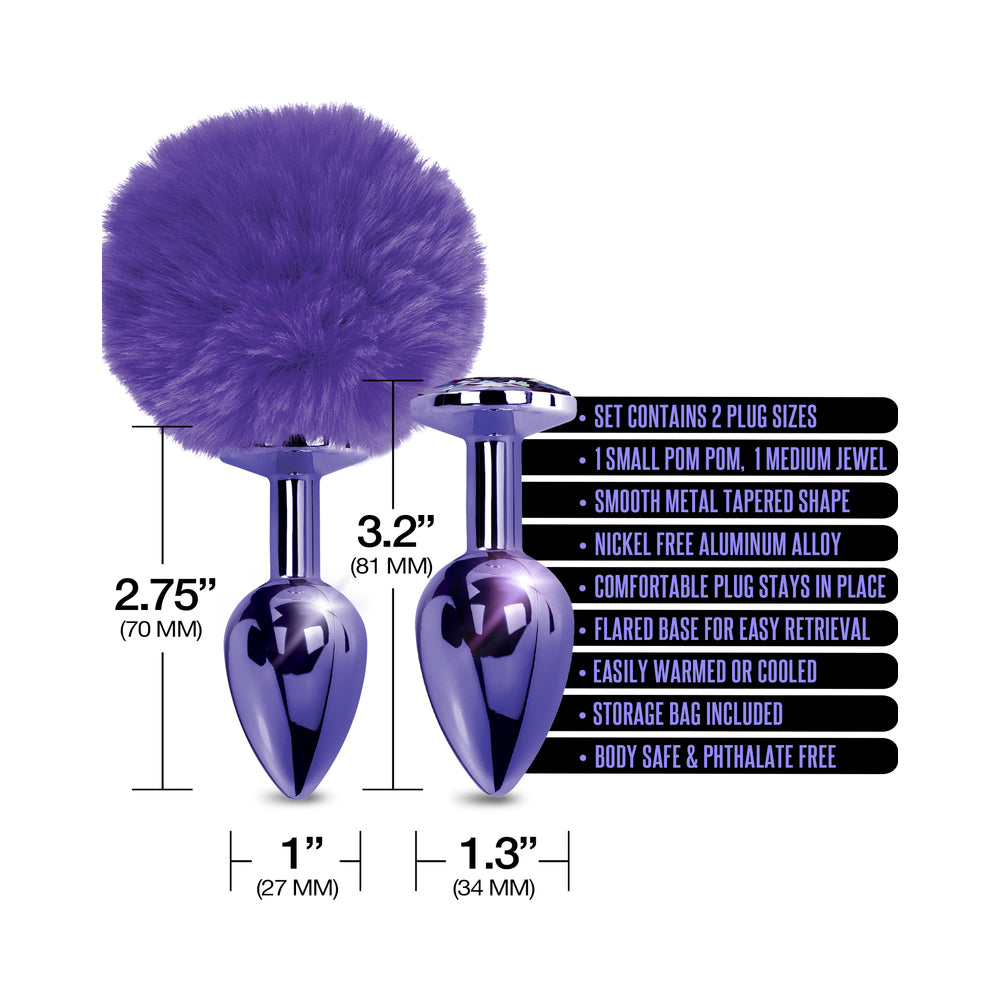 NIXIE Metal Butt Plug Set Pom Pom and Jewel-Inlaid Metallic Purple