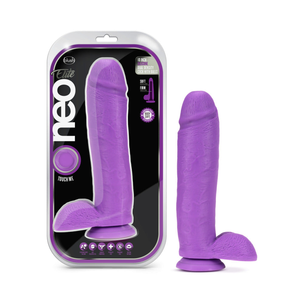 Neo Elite 10 in. Silicone Dual Density Dildo with Balls & Suction Cup Neon Purple