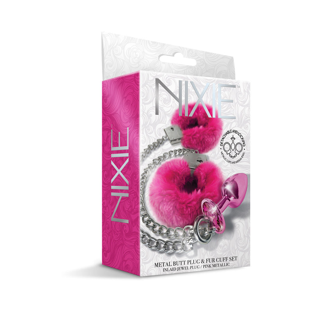 Nixie Metal Butt Plug & Furry Handcuff Set Medium Pink Metallic