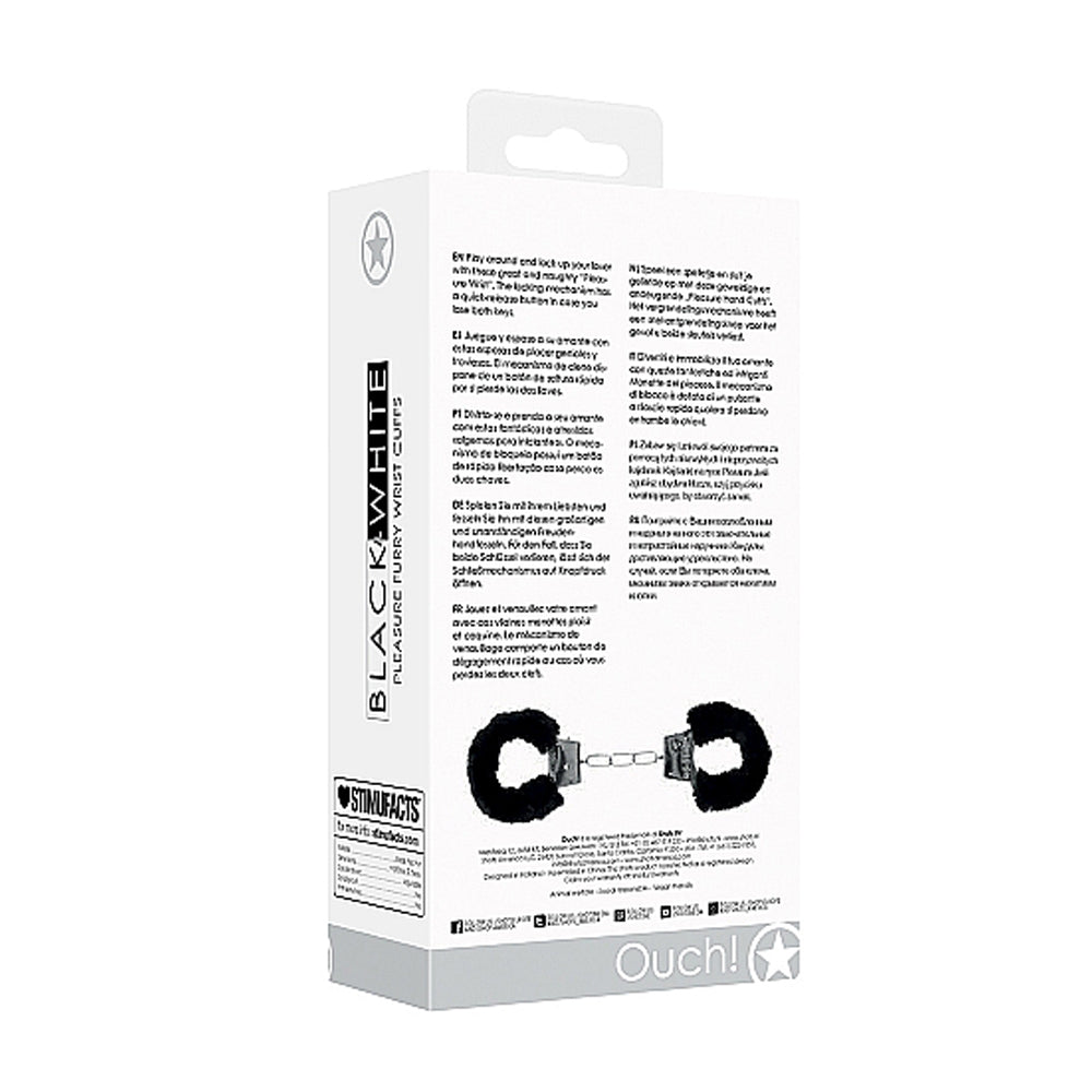Ouch! Black & White Beginner Pleasure Furry Wrist Cuffs With Quick-Release Button Black
