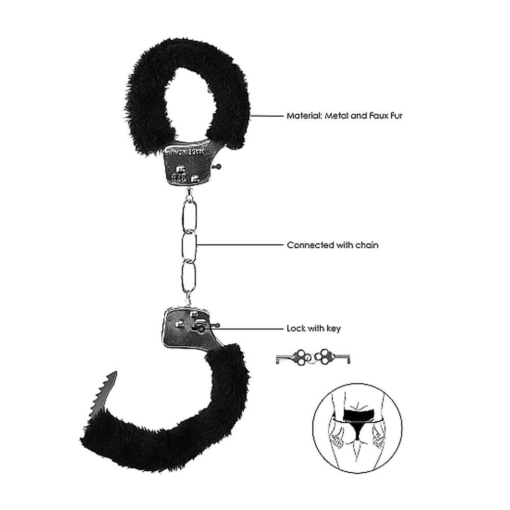 Ouch! Black & White Beginner Pleasure Furry Wrist Cuffs With Quick-Release Button Black