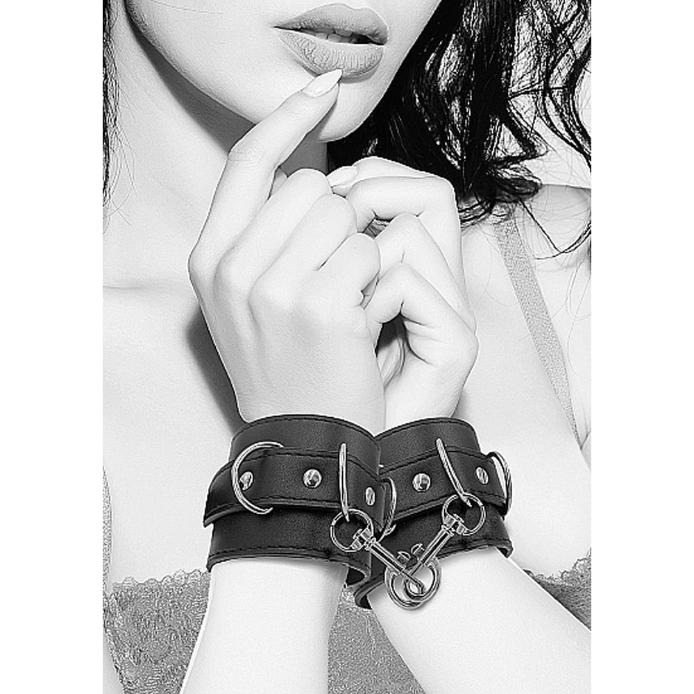 Ouch! Black & White Adjustable Bonded Leather Wrist or Ankle Cuffs Black
