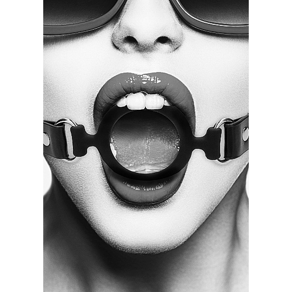 Ouch! Black & White Silicone Ring Gag With Adjustable Bonded Leather Straps Black