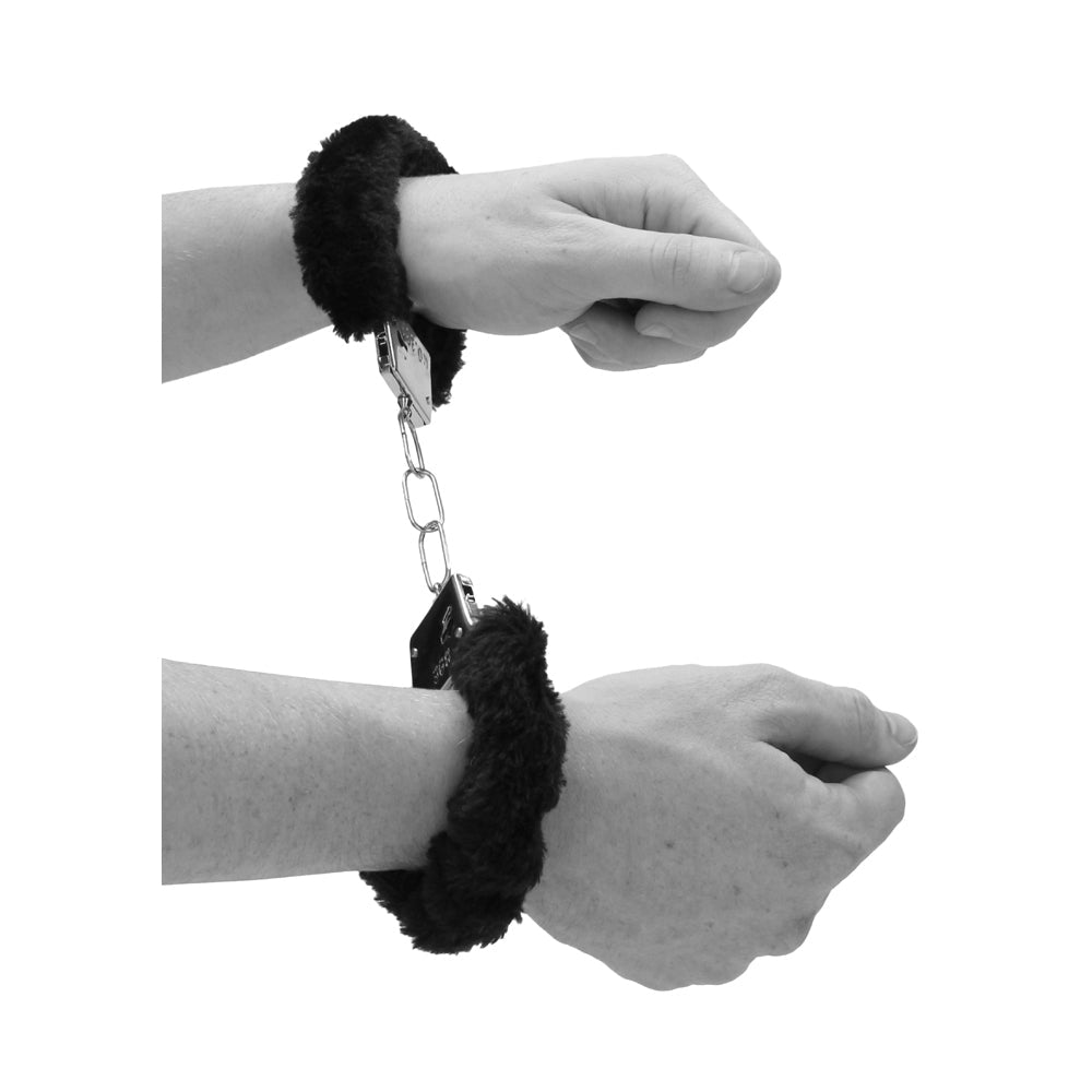 Ouch! Black & White Pleasure Furry Handcuffs with Quick-Release Button