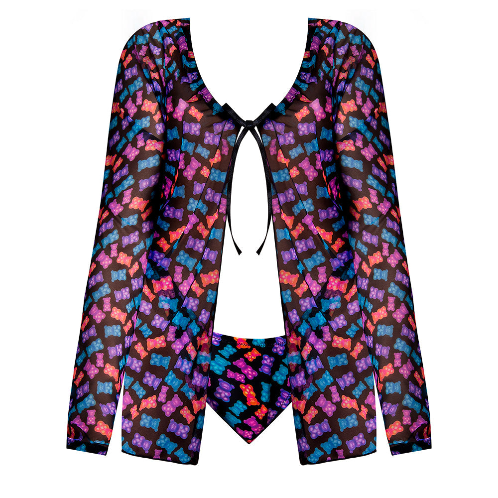 Magic Silk Hazy Dayz Tie Front Jacket & Thong Set Gummy Bears Queen Size