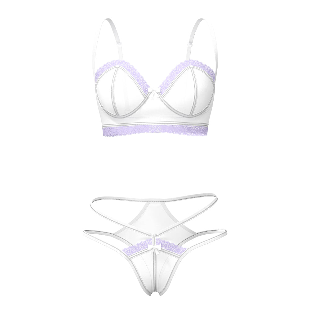 Magic Silk Sheer Passion Demi Bra & High Cut Tanga White/Lavender L/XL