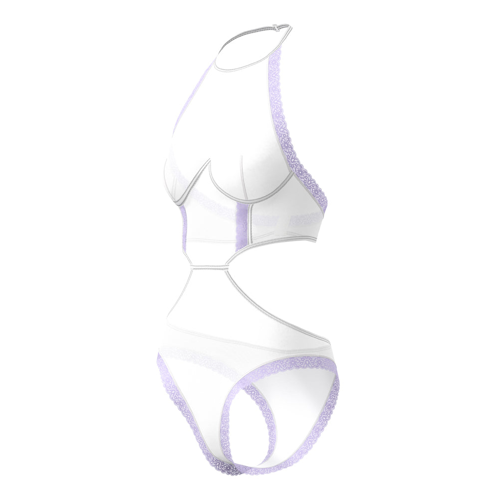 Magic Silk Sheer Passion Halter Teddy White/Lavender Queen Size
