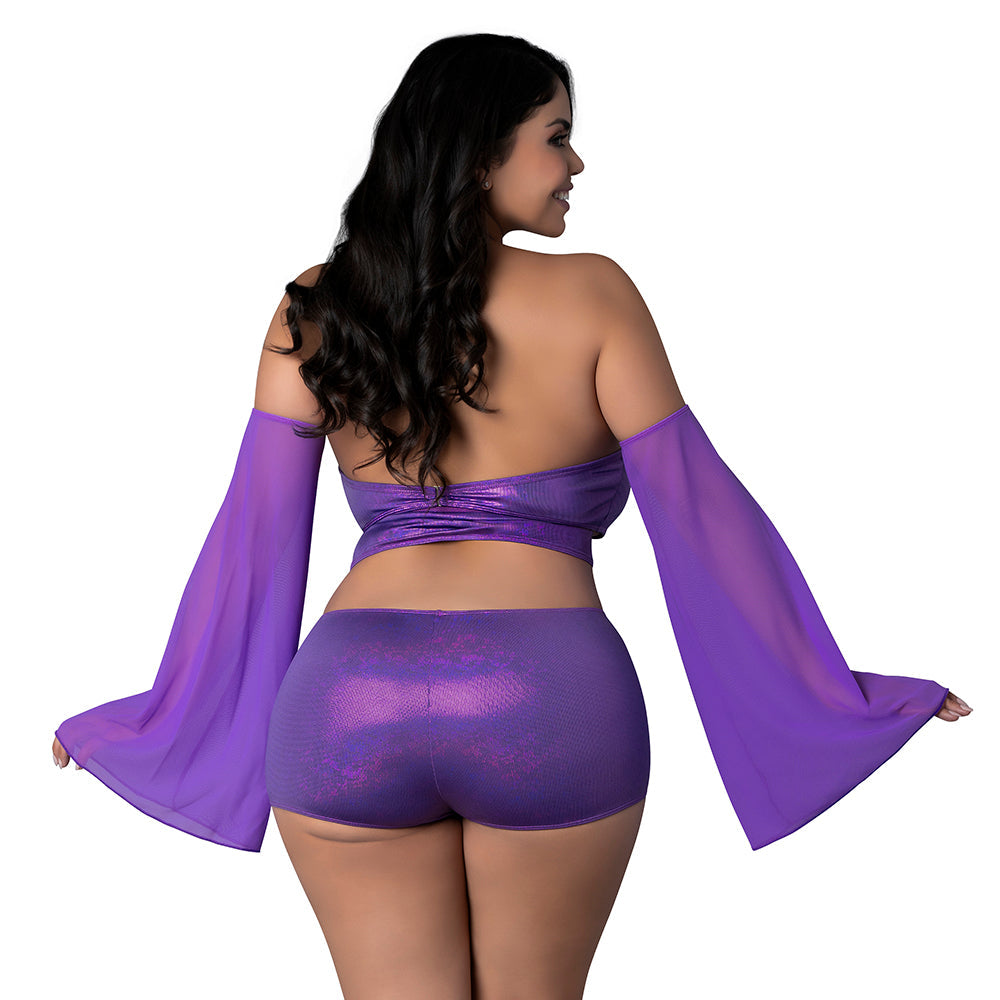 Magic Silk Glimmer Wrap Bralette, Booty Shorts & Sleeve Set Purple Disco Queen Size