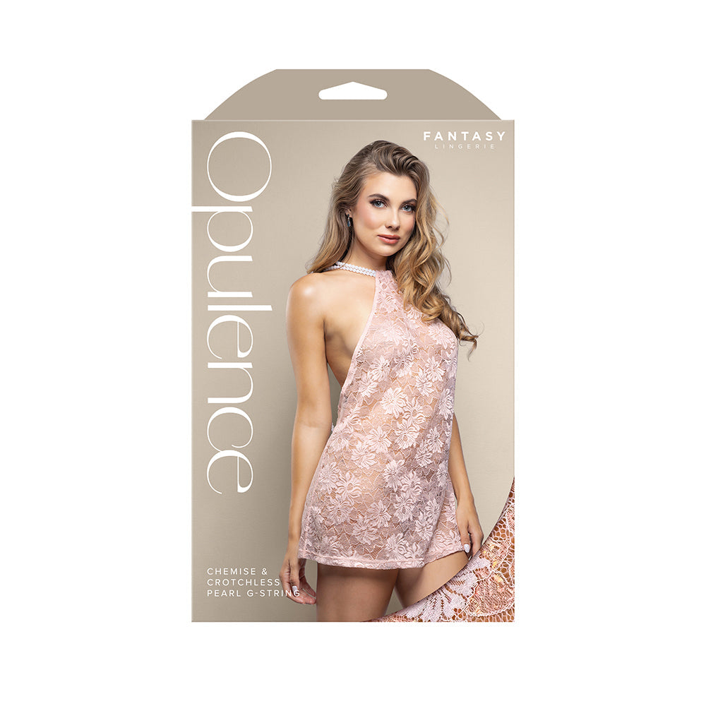 Fantasy Lingerie Opulence Pearl Draped Open-Back Halter Chemise & Crotchless Pearl G-String Light Pink M/L