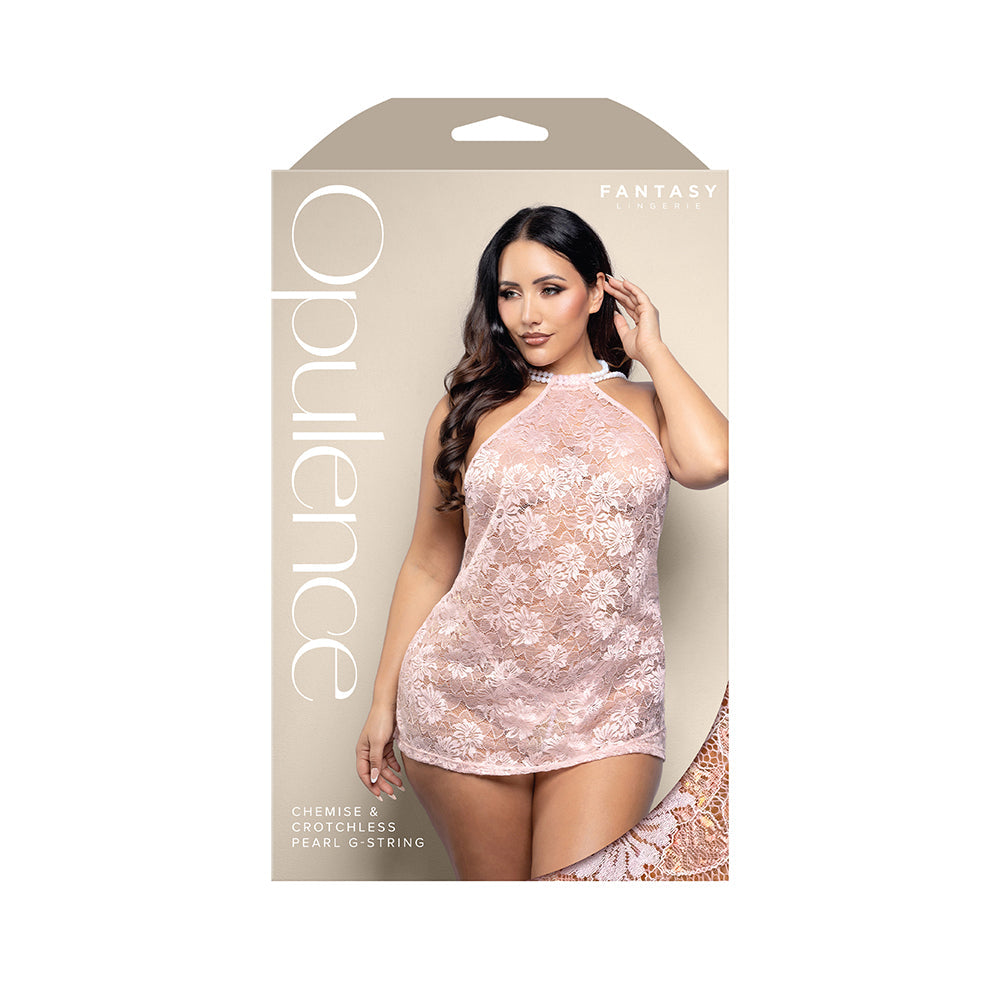Fantasy Lingerie Opulence Pearl Draped Open-Back Halter Chemise & Crotchless Pearl G-String Light Pink Queen Size