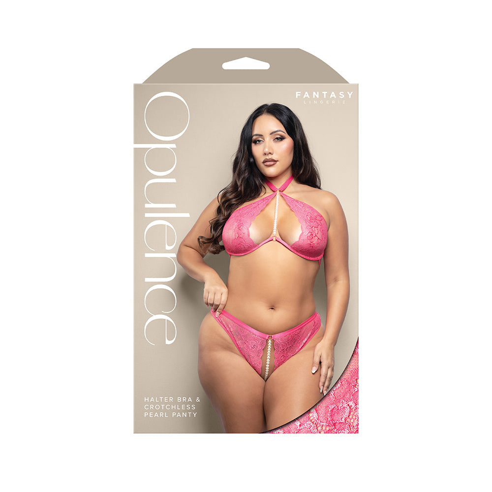 Fantasy Lingerie Opulence Pearl Accent Halter Bra & Adjustable Crotchless Pearl Panty Hot Pink Queen Size