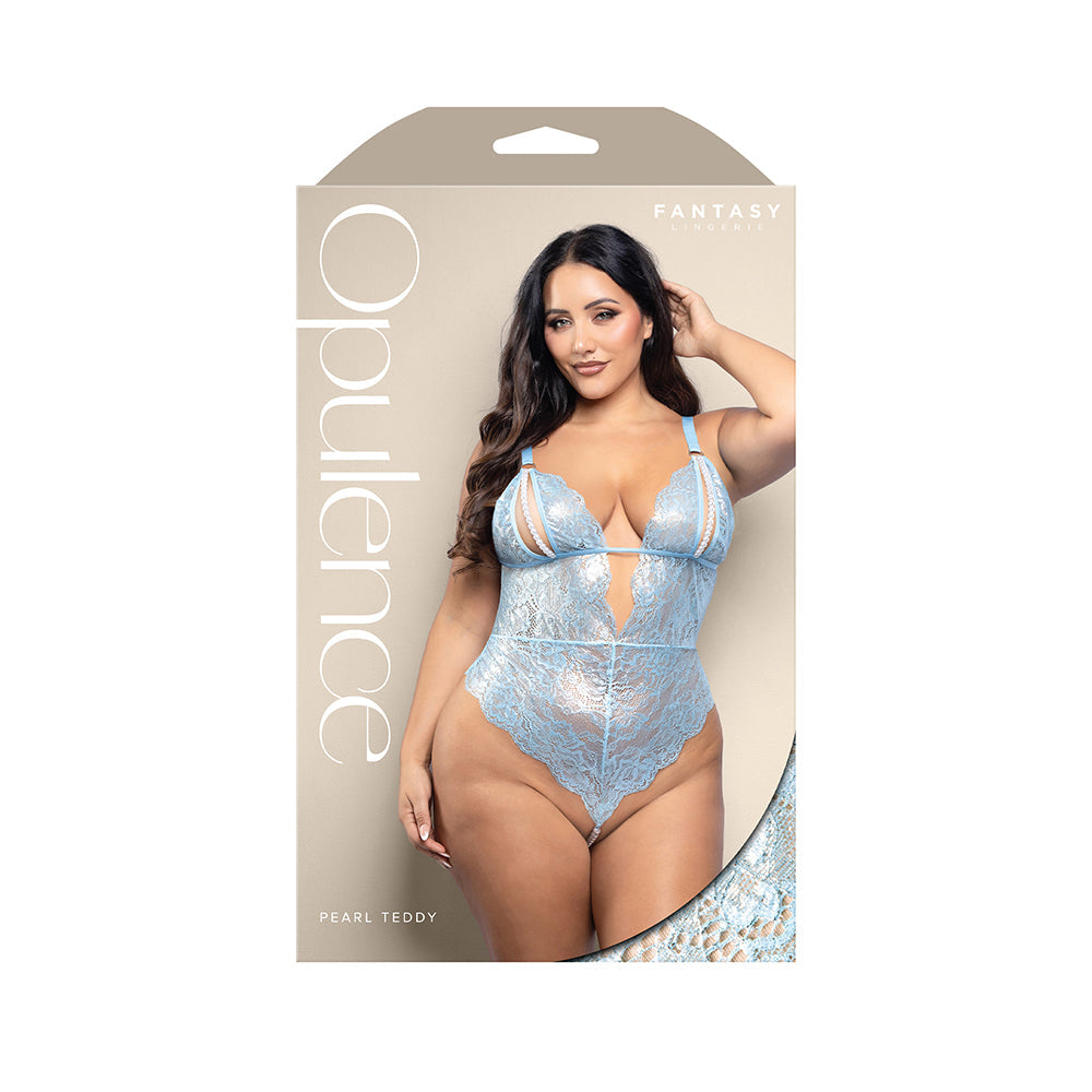 Fantasy Lingerie Opulence Split Pearl Cup Open-Back Teddy with Pearl String Crotch Light Blue Queen Size