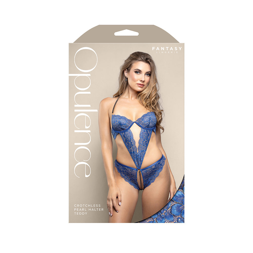 Fantasy Lingerie Opulence Pearl Halter Open Crotch Teddy with Adjustable Pearl String Royal Blue L/XL