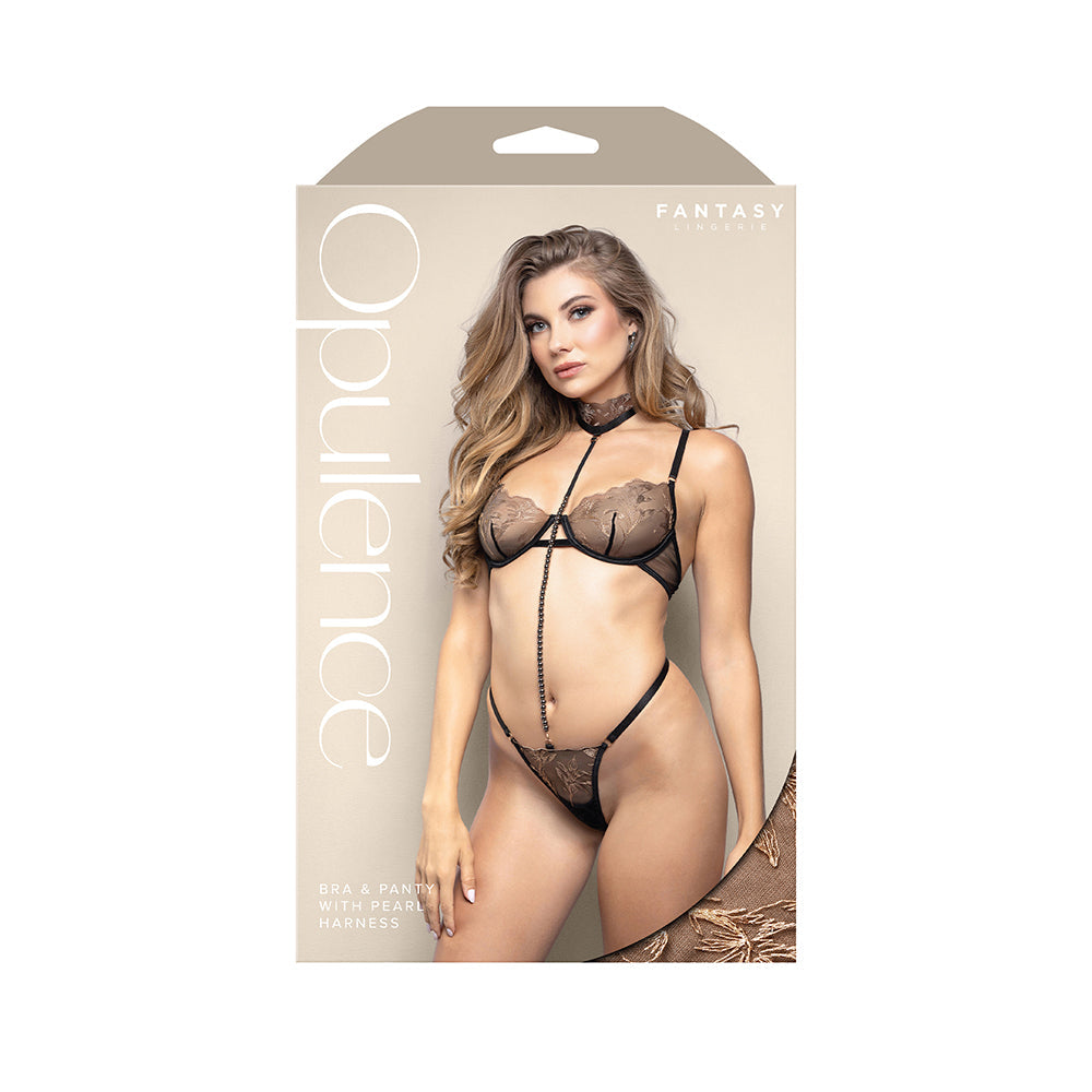 Fantasy Lingerie Opulence Underwire Bra & G-String with Removable Adjustable Pearl String Harness Black L/XL