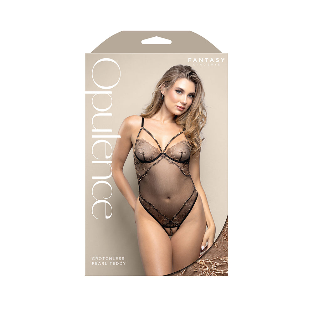 Fantasy Lingerie Opulence Crotchless Pearl Cage Neckline Teddy with Adjustable Pearl G-String Black L/XL