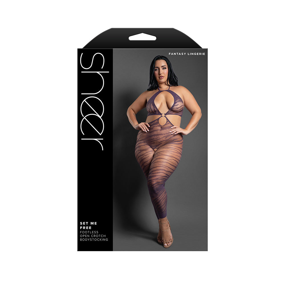 Fantasy Lingerie Sheer Set Me Free Footless Open-Crotch Halter Bodystocking Dark Purple Queen Size