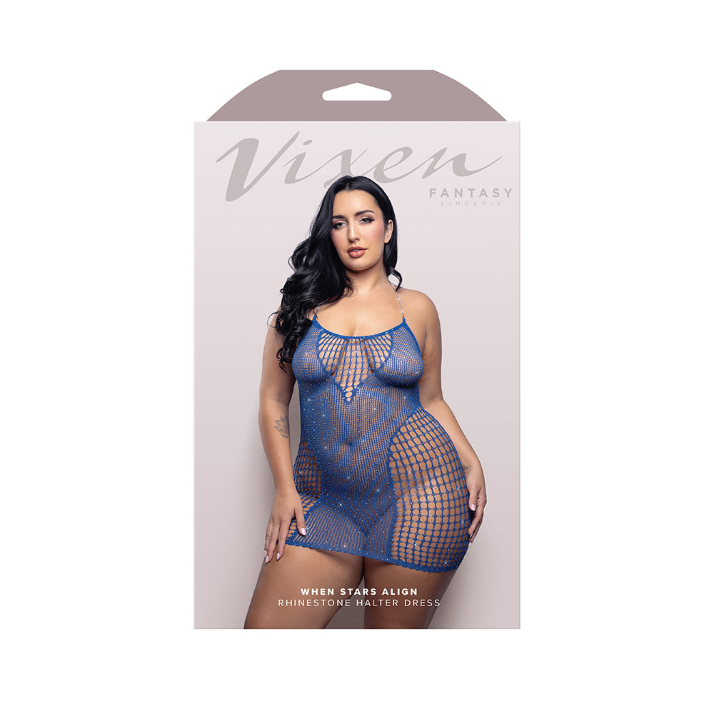 Fantasy Lingerie Vixen When Stars Align Rhinestone Halter Dress Blue Queen Size