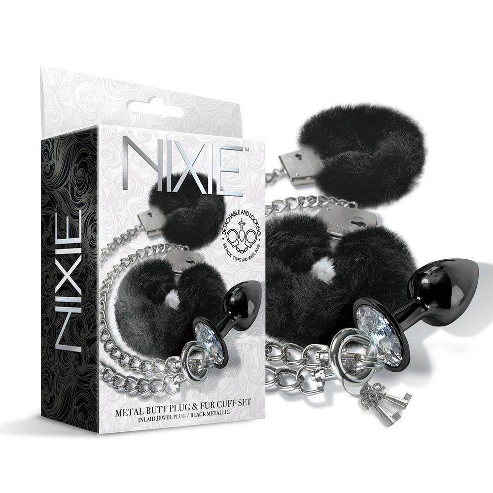 NIXIE Metal Butt Plug & Furry Handcuff Set Medium Black