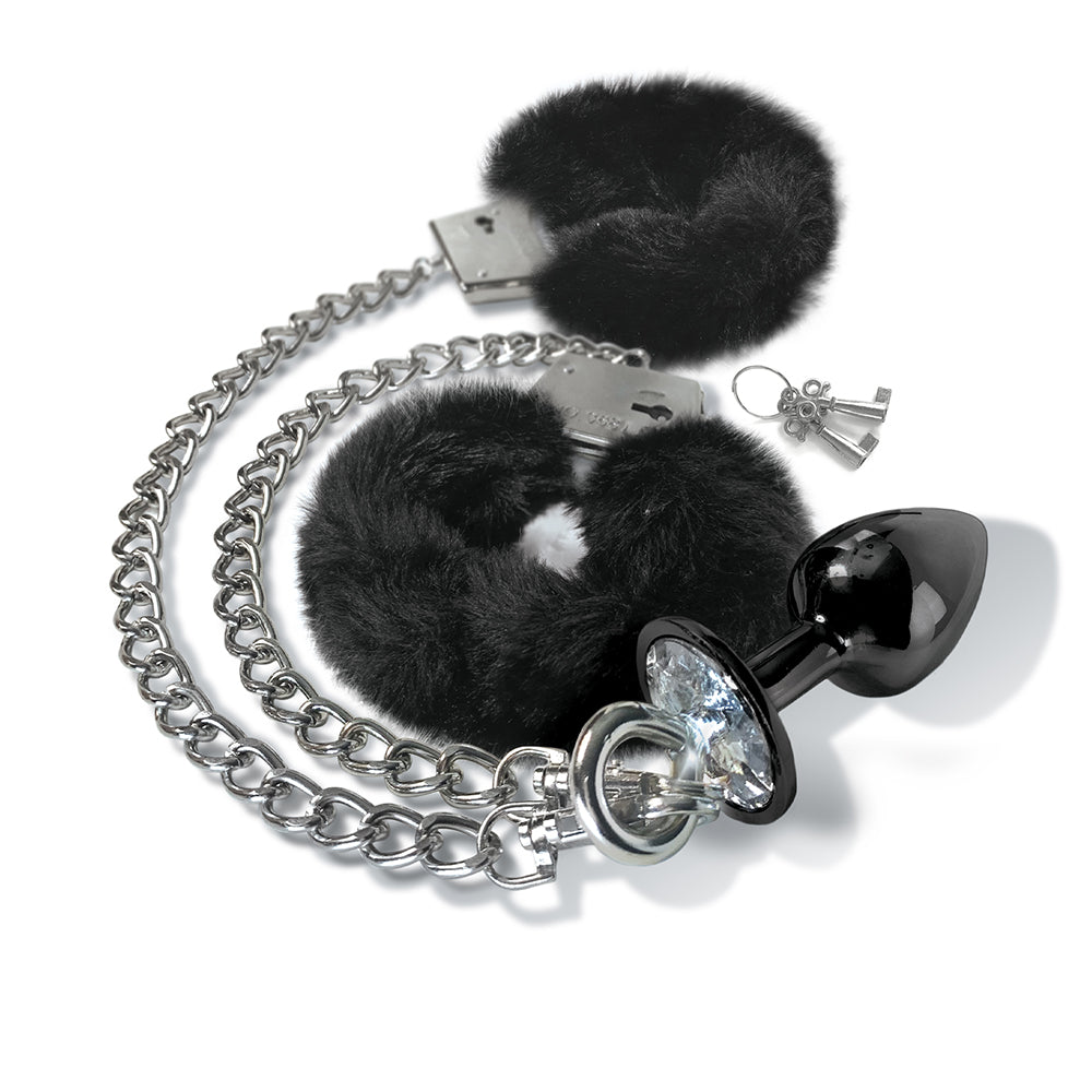 NIXIE Metal Butt Plug & Furry Handcuff Set Medium Black